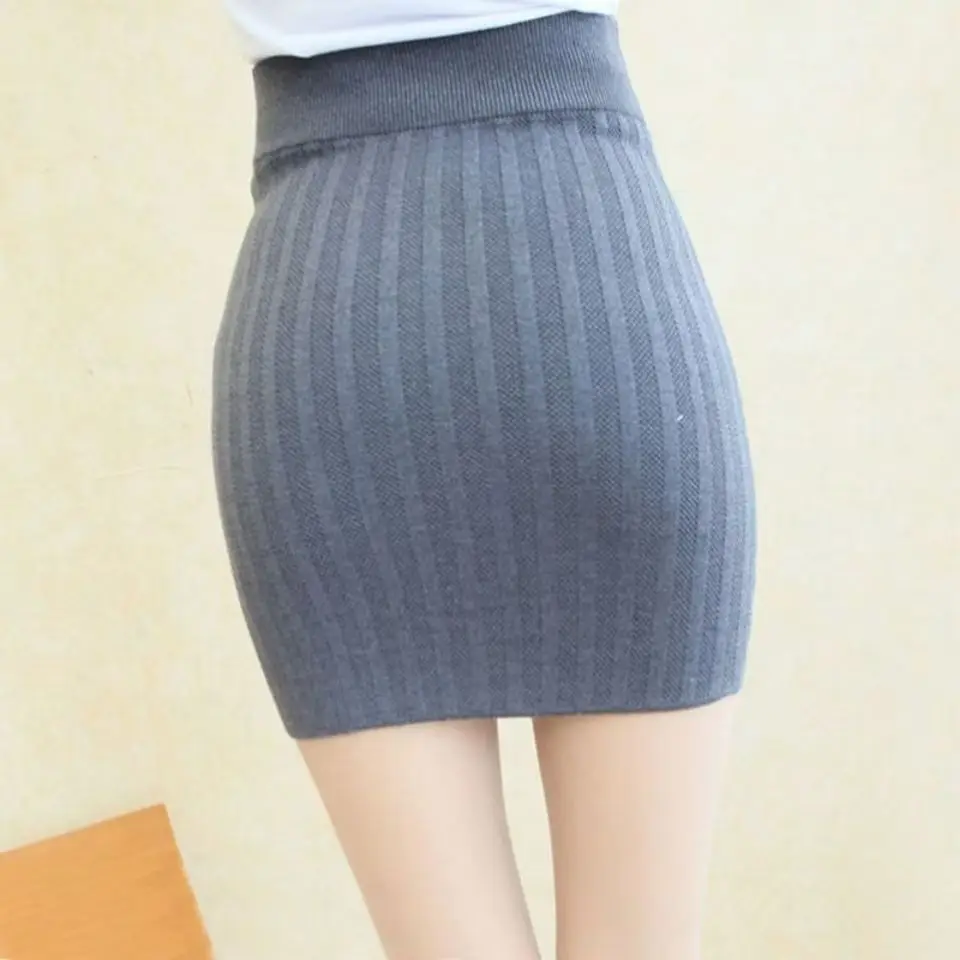 الخريف الشتاء محبوك تنورة المرأة شريط ضيق رقيقة Bodycon التفاف تنّورة مجسّمة مثير نادي حفلة قصيرة تنورة صغيرة أسود أحمر رمادي #5