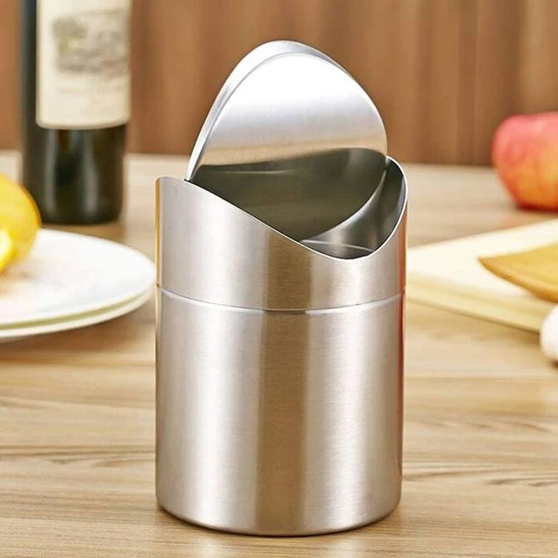 Stainless Steel Desktop Trash Can Office Desk Storage Bucket Mini Flip Home Car Trash Can