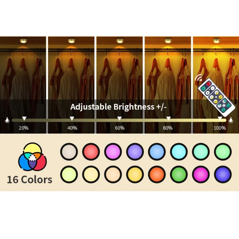 Kit de luzes para baixo do armário, cozinha, montagem em superfície, bateria, led, puck, bateria, rgb, luz para iluminar o quarto