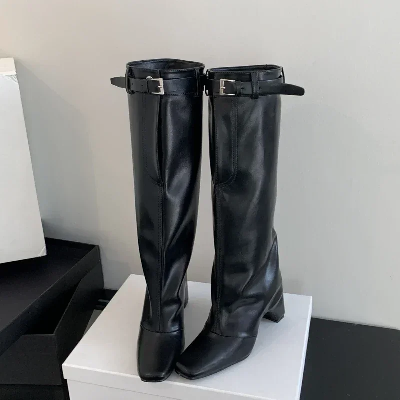 Botas hasta la rodilla de estilo callejero para mujer, botines de tacón alto cuadrado con correa y hebilla, zapatos de Stripper, novedad de invierno