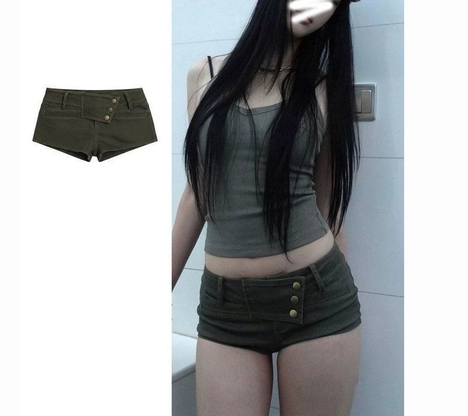 Army Green Low-rise Button-tight Denim Super Shorts Women 2026 Summer New Slim-fitting Sexy Hip-wrapped Hot Pants