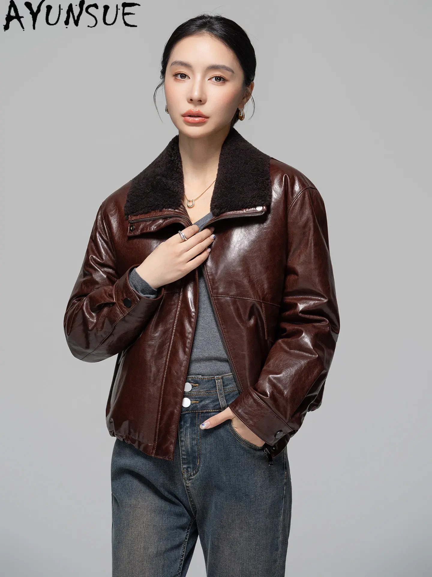 Tcyeek Natural Sheepskin Leather Jacket Women Winter Clothes Lamb Wool Collar 90% White Goose Down Coats Woman  Jaqueta De Couro