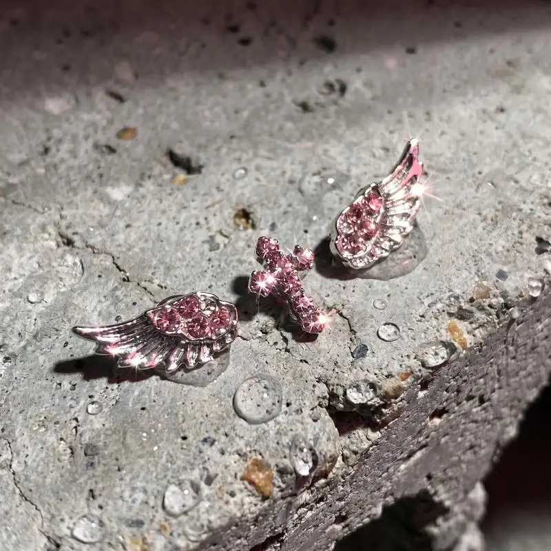 3/4Pcs Vintage Punk Pink Zircon Wing Cross Star Earrings Set Minimalist Ear Piercing Ear Cartilage Piercing Jewelry Accessories