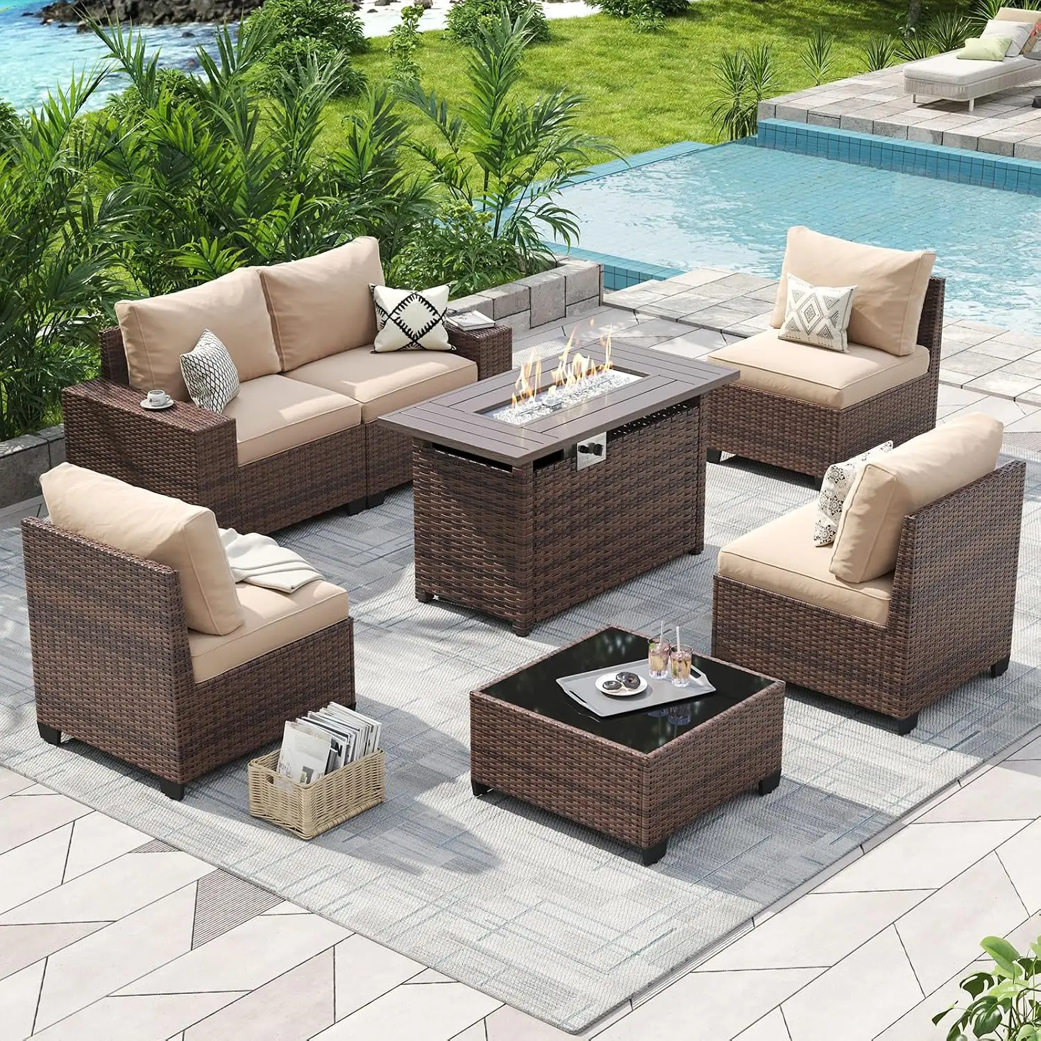 7 Piece Patio Furniture Set with 44 Inch Fire Pit Table Outdoor Wicker Parlor Set with Thick Cushions
