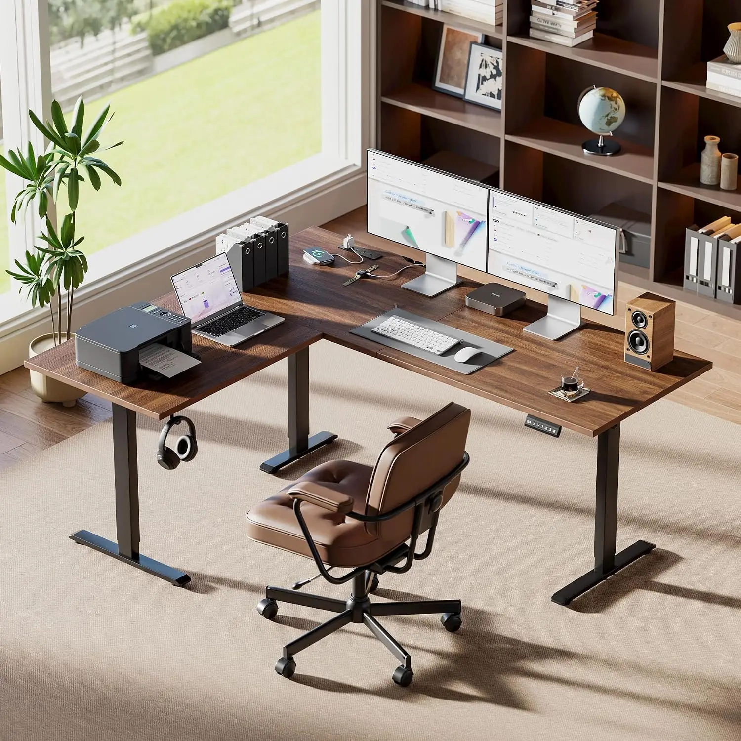 L Shaped Standing Desk With Powerstrip 63x55 Inch Dark Walnut, Customized