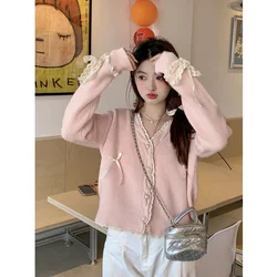 Women Autumn Winter Korean Loose Fashion Patchwork Bow V-neck Long Sleeve Knitwear Ladies Trend All-match Knitting Cardigan Coat