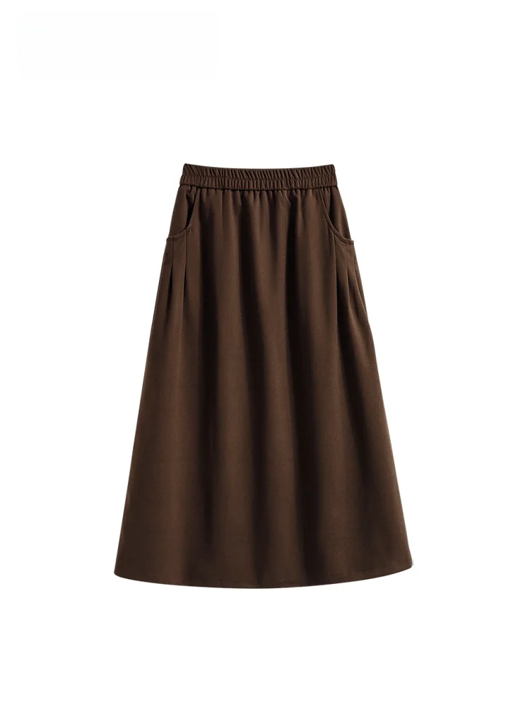 

Юбка А-силуэта с высокой талией для полных женщин, осенняя модная модель, стройнящая, скрывающая недостатки фигуры, больших размеров, длинная юбка.