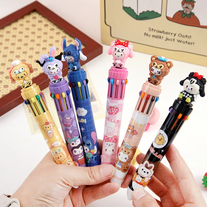 4-6 Pcs Cartoon Disney Mickey Sanrio Doll 10-Colors Ballpoint Pen Student Ball Pen Children'S Gift Supplies Stationery Wholesale