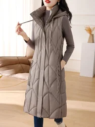 2023 Autumn Winter Korean New Down Cotton Vest Women Cotton-Padded Long Overcoat Hooded Waistcoat Fashion Loose Snow Waistcoat