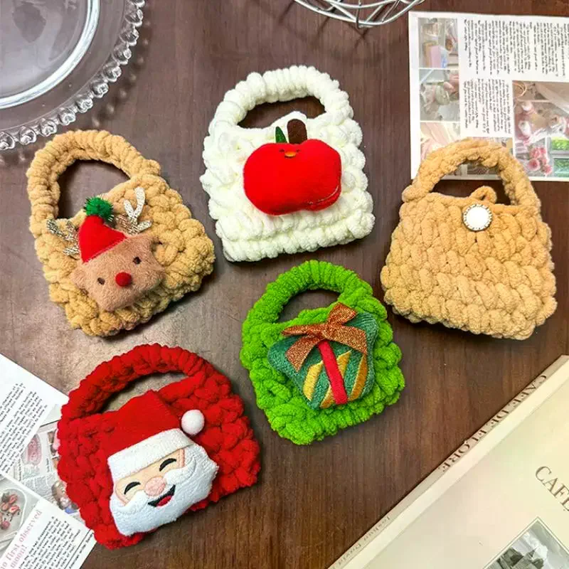 Cartera tejida navideña de dibujos animados, monedero de felpa, colgante de llave de Papá Noel, bolsa para auriculares, bolsa de almacenamiento, monedero de cambio de Navidad