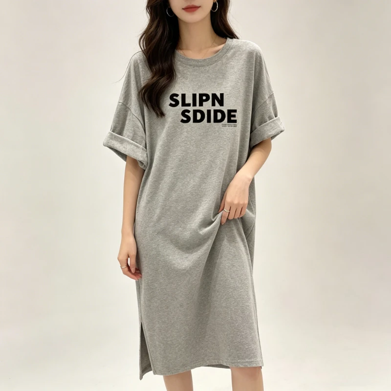 

Dress Women 2025 Summer New Simple Letter Printed Casual Plus Size Loose Short Sleeved Dress