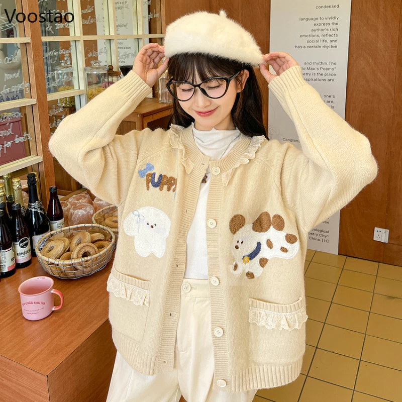 Cardigan de malha estilo doce Lolita feminino, suéter solto, babados, filhote de cachorro dos desenhos animados, jaqueta bordada, tops femininos de malha Y2K, outono