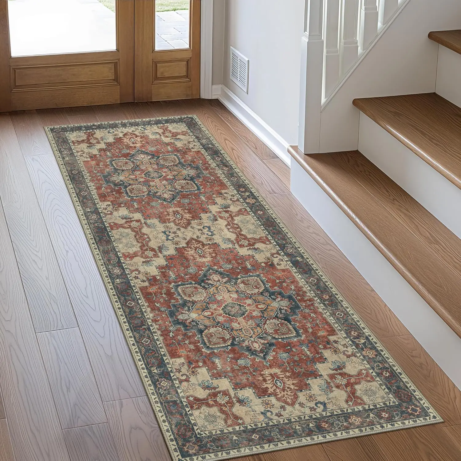 VIKAMA Runner Rug Machine Washable Non Slip Vintage Hallway Low Pile Area Rugs for Indoor Entryway Hallway Kitchen Decoration