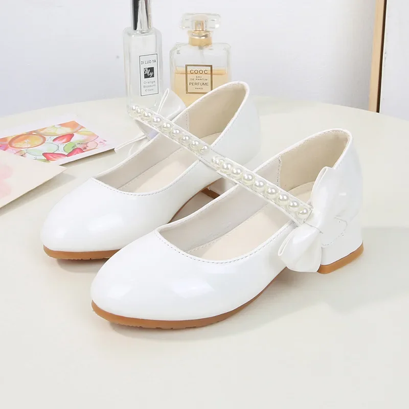 Children\'s Shoes Pearl White Girls Leather Shoes White Bowknot Spring Autumn Kids High Heels Princess Students Performance Shoes