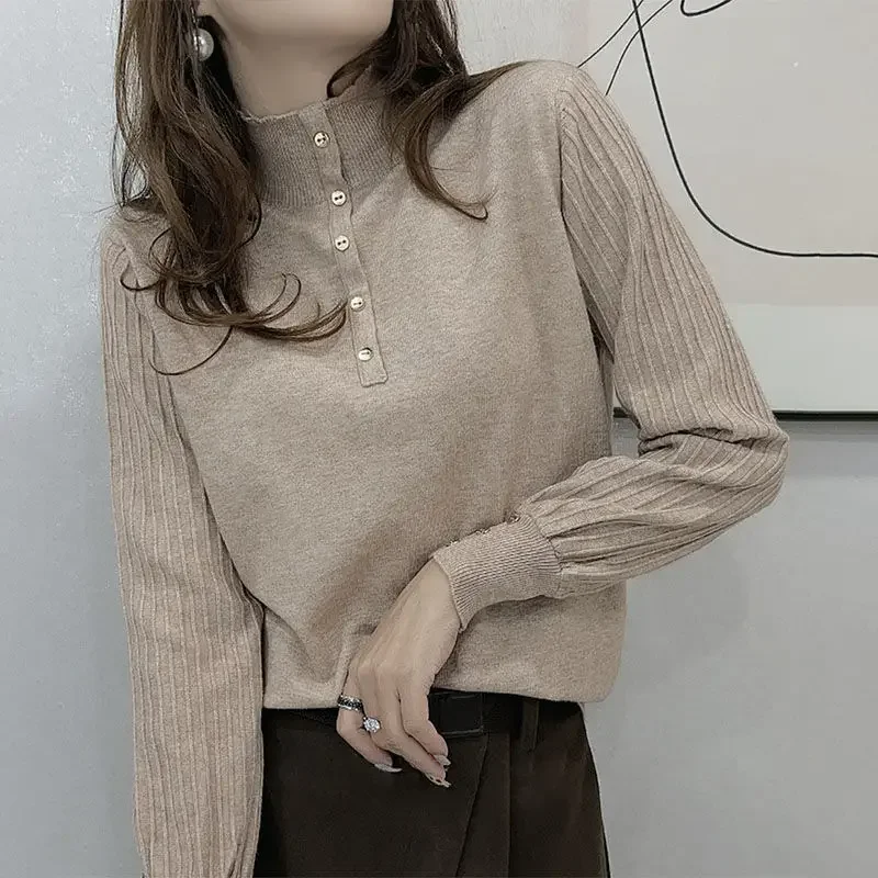 Women's Sleeve Knitting Sweater Loose Pullover Top,Half High Collar, Spring Autumn Elegant Solid Bottoming Sweater Female