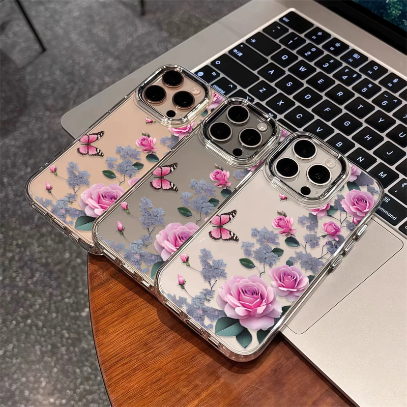 Shockproof Clear Acrylic Phone Case For iPhone 17 Air 16 16e 14 7 8 Plus 12 13 11 15 Pro Max XR XS Flower Pattern Soft Cover