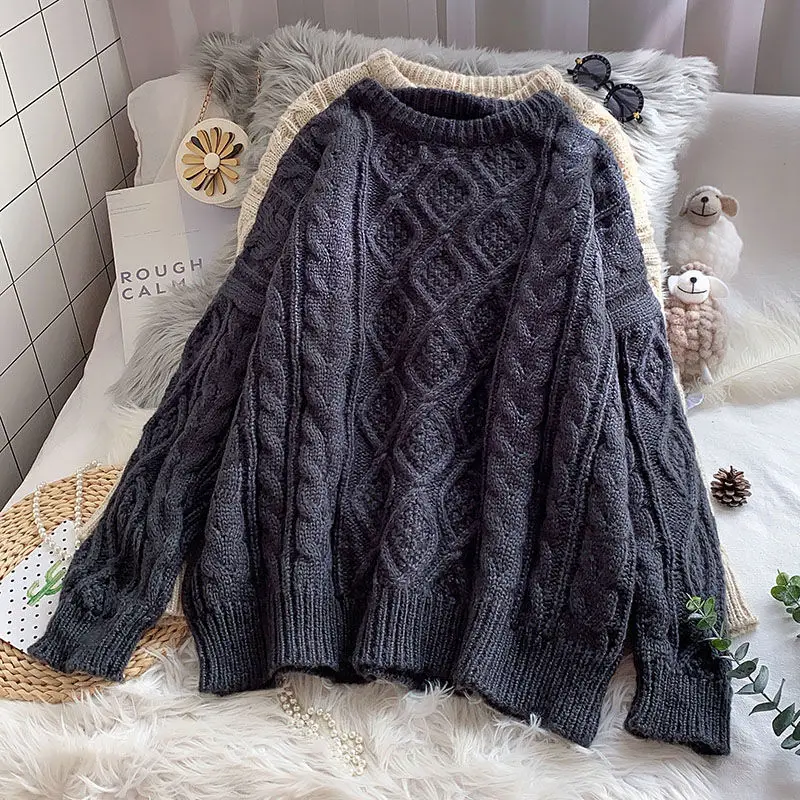 Autumn and Winter Korean Version Loose Medium Length Diamond Fried Dough Twists Thickened Student Knitting Lazy Style Sweater