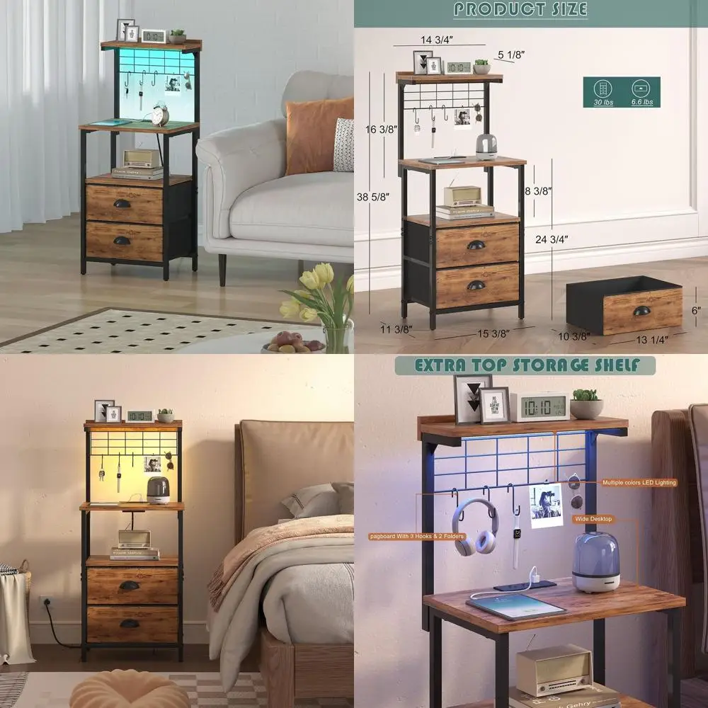 

Высокая тумбочка коричневого цвета в деревенском стиле с зарядкой, светодиодом, тканевыми ящиками, крючками, USB-портами и открытыми полками для спальни или офиса