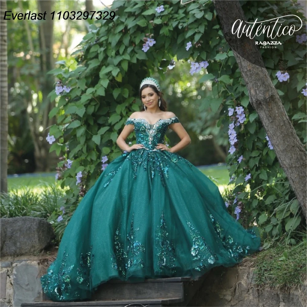 

EVLAST Customized Dark Green Quinceanera Dress Ball Gown Lace Applique Beaded Crystal Corset Sweet 16 Vestido De 15 Anos TQD906