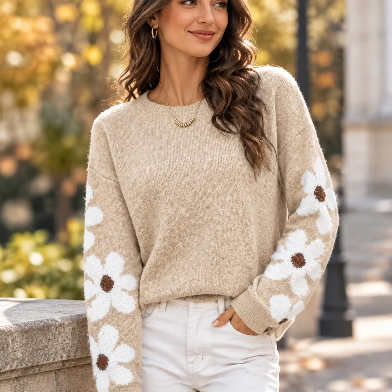 Loose Fit Pullover Sweater Mid Length Elegant with Round Neck Autumn Winter Regular Sleeve Casual Women Sweaters and Pullovers