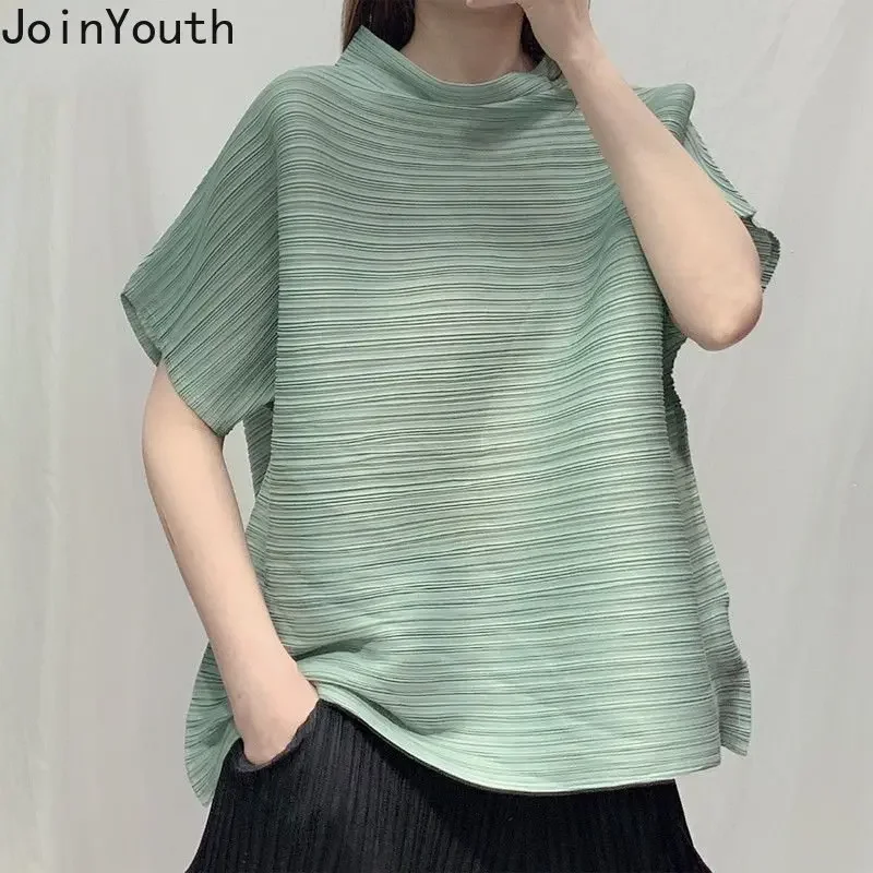 Blouse for Women Stand Neck Short Sleeve Folds Shirts 2023 Blusas Mujer De Moda Loose Fashion Korean Summer Blouses Tops 27o654