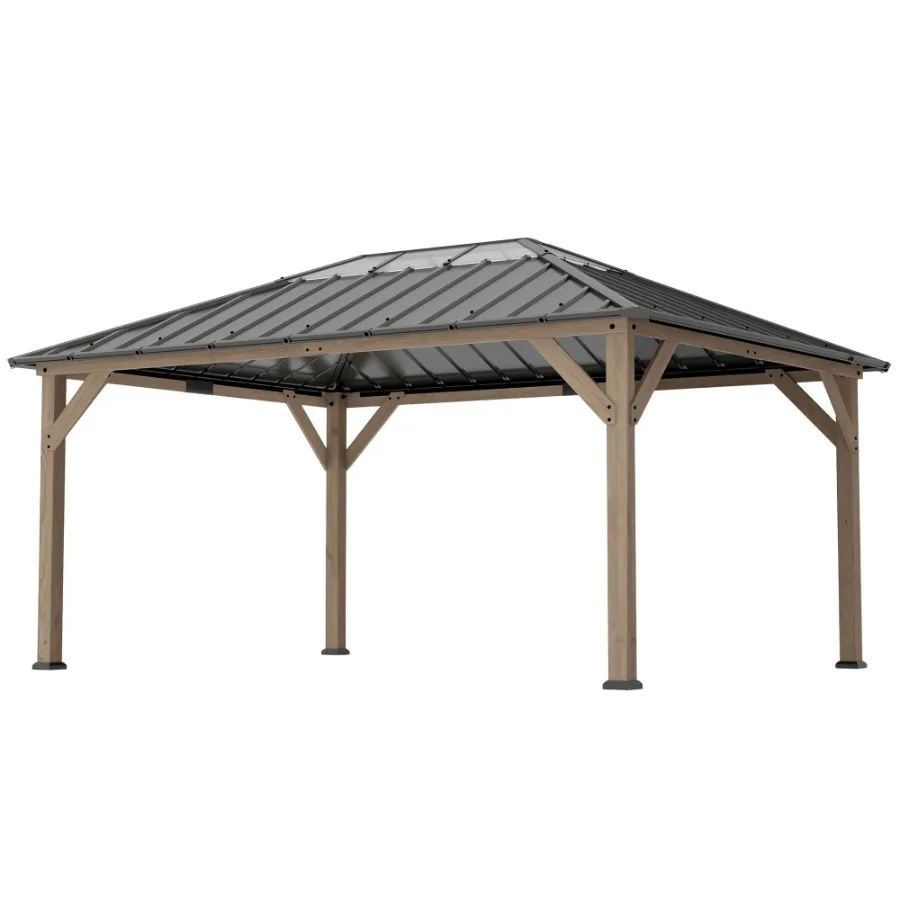 

Беседка с жесткой крышей 12' x 16' из оцинкованной стали, с защитой от УФ-излучения UPF50+, деревянный павильон с прозрачной крышей, светло-ореховый цвет