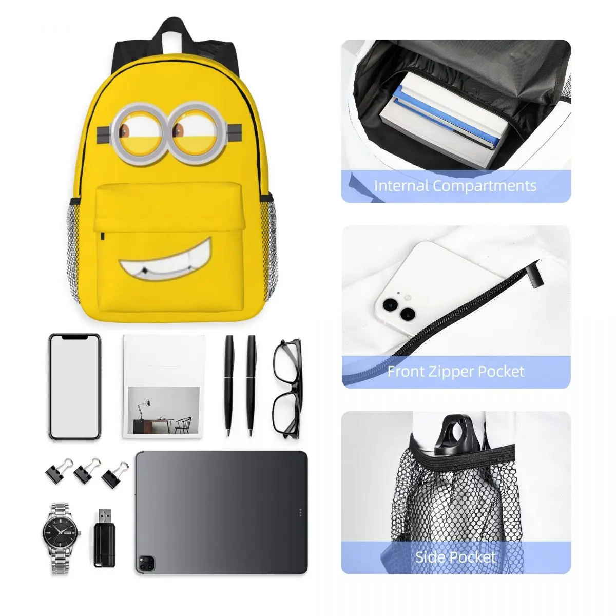 Minions-Sac à dos universitaire étanche de grande capacité, cartable pour ordinateur portable, sac de voyage pour livre, 15 pouces, nouvelle mode