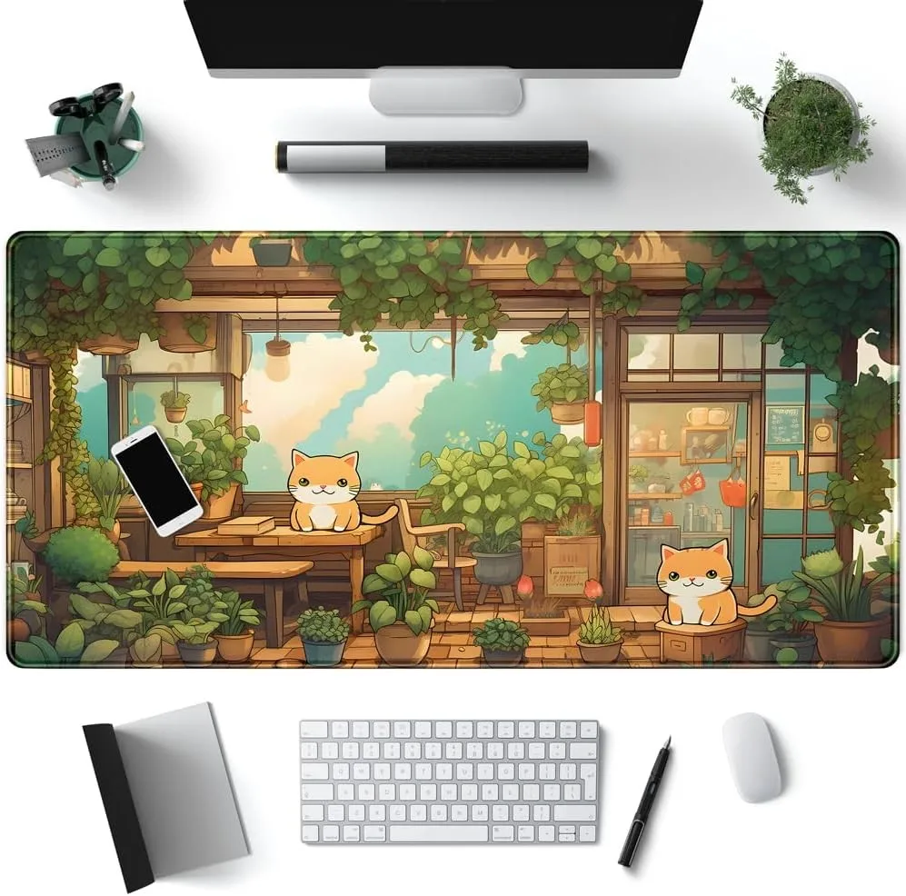 Table mat, green plant, large mouse pad, coffee, healing kitten, high-quality rubber, anti-slip, washable computer accessories