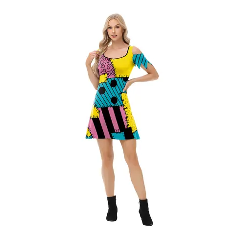Halloween Sally Cosplay Dress Cap Sleeve U-Neck Patchwork Print Short Fancy Party Costume Multi-Styles Carnival Party Dress Up