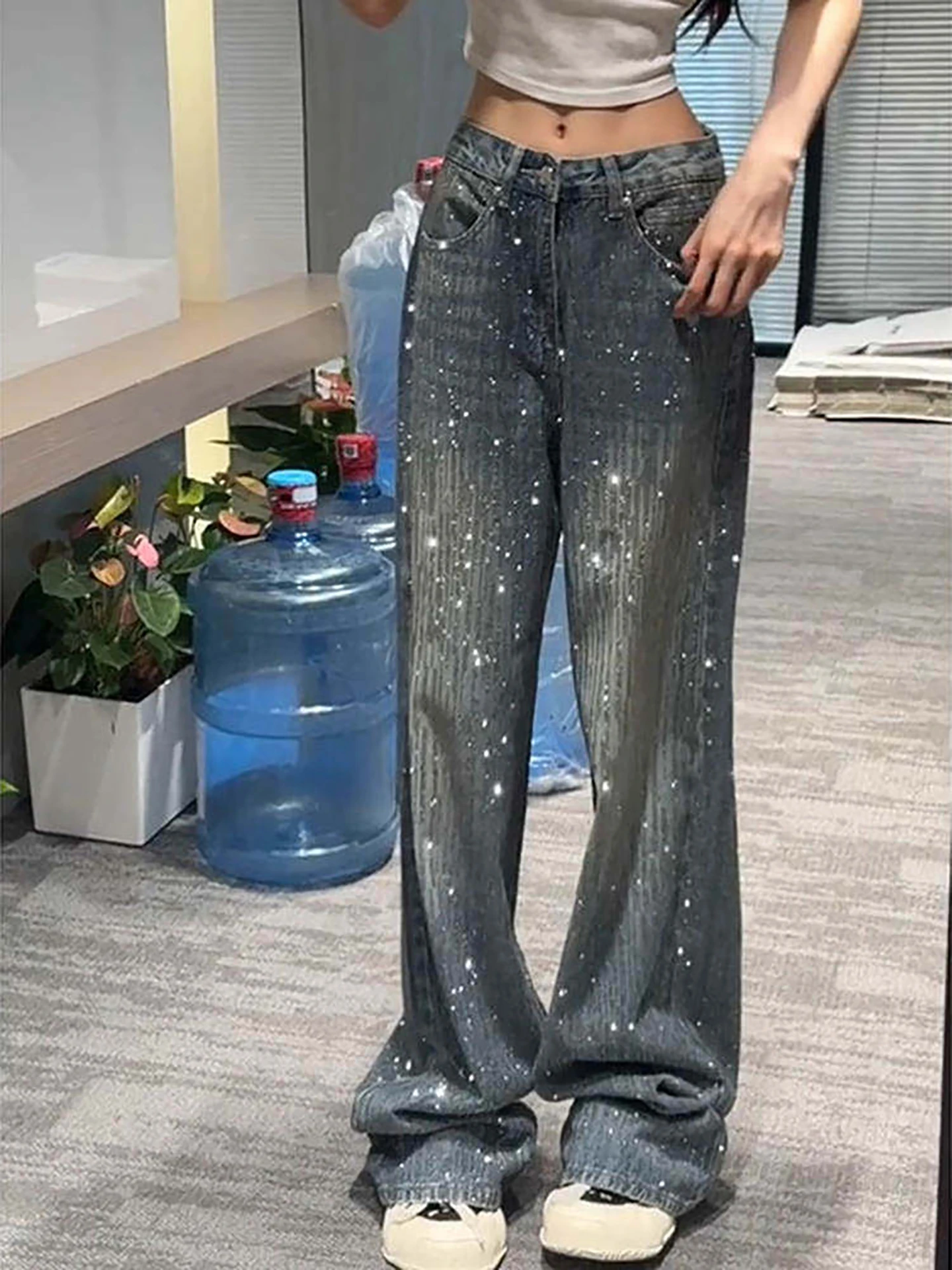 High Waist Wide Leg Denim Pants Women's Autumn Winter Folded Small Size Sequin Splicing Straight Cut Long Trousers
