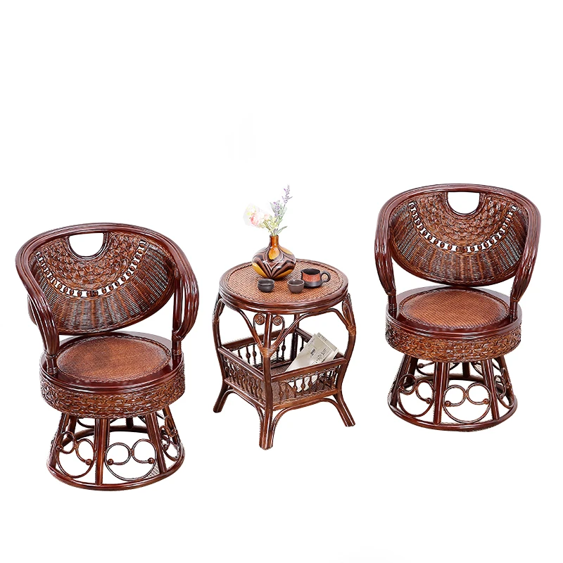 Rattan chair three-piece set balcony courtyard tea table combination simple casual bamboo woven swivel chair true rattan