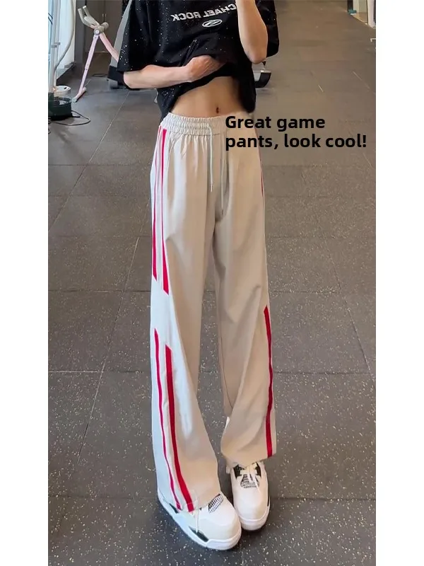 

Light ey American Retro Red Stripe Men's Summer Thin Hanging Sense High-End Ice Silk Loose Sport Pants Straight Leg Casual ...