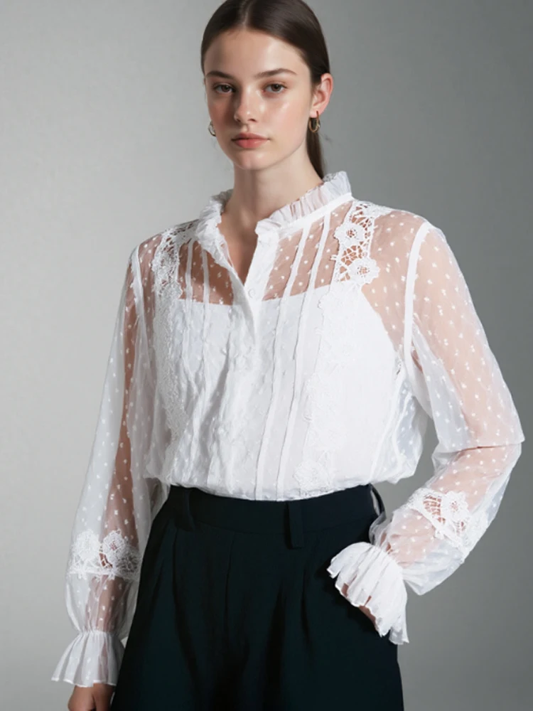 

2025 Spring Autumn New Solid Long Sleeve Hollow Out Shirt Elegant Crochet Blouse Casual Stand Up Collar Single Breasted Top