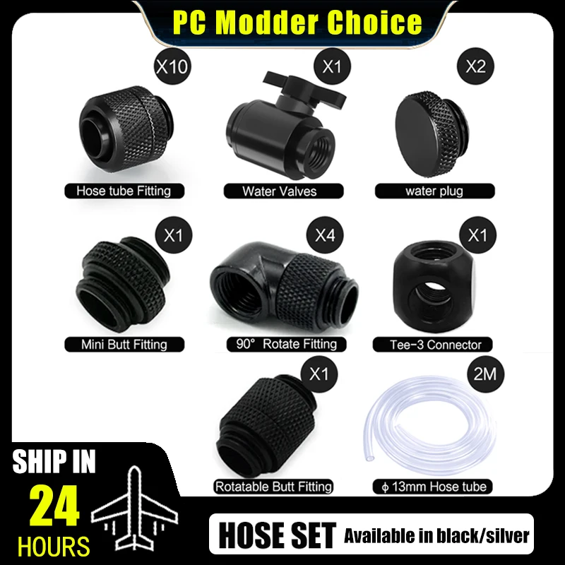 Computer Split Soft Hose Water Cooling Fitting Kit, 10*13mm Soft Tubing Connector + Pipe Black /Silver AIO Pack