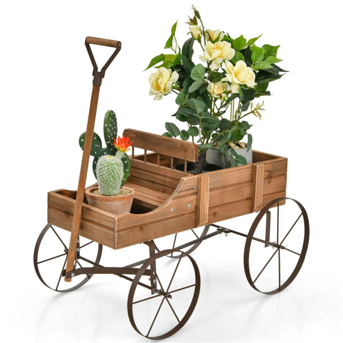 Cadre de plante en bois avec roues, pot de plantation marron