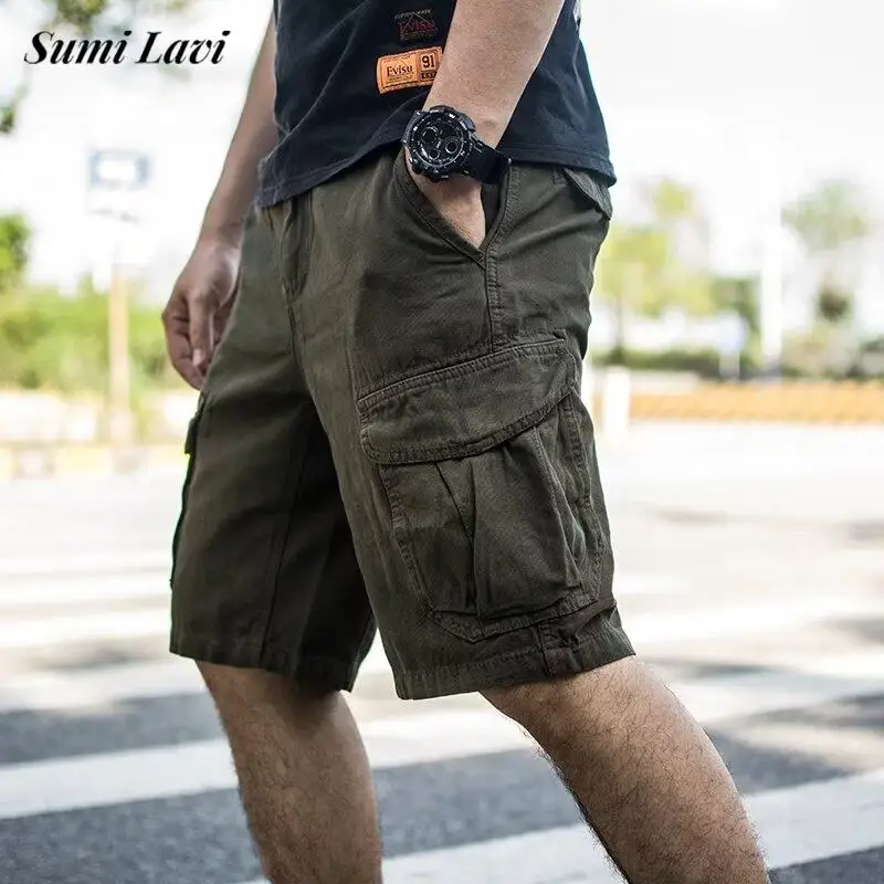 

Vintage Mens Multi Pocket Cargo Shorts Streetwear Fashion Loose Straight Shorts Men Spring Summer New Casual Solid Color Shorts
