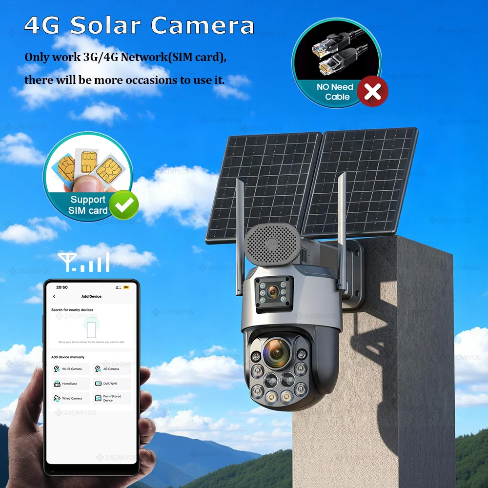 10mp câmera de vigilância ao ar livre solar 60x óptica 4g sim sem fio segurança em casa ptz rastreamento automático aov 24/7 registro cctv ip cam