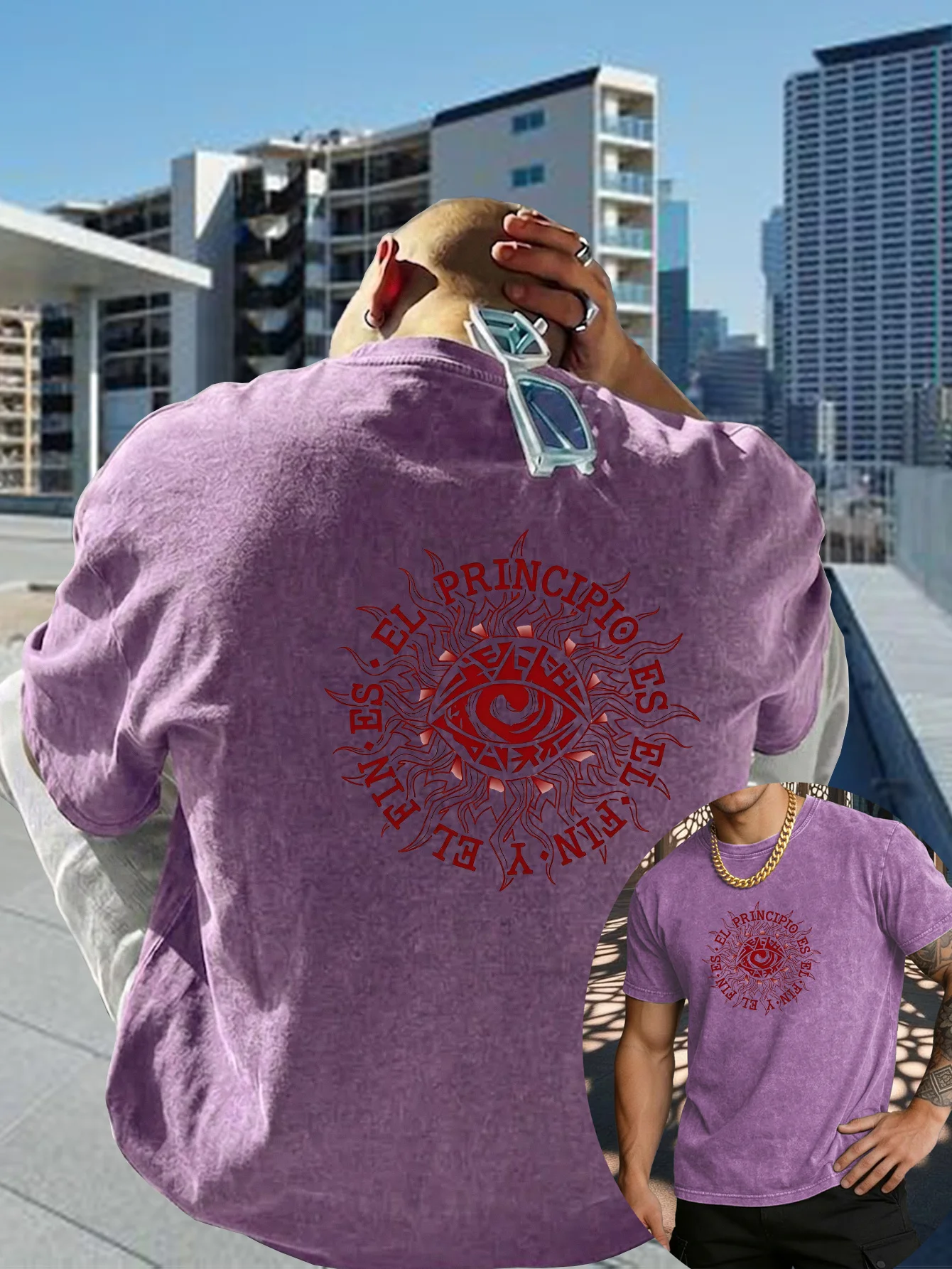 American Vintage Washed Men T Shirt All Seeing Eye Sun Totem Spanish Ring Print Dark Retro Loose Crew Neck Short Sleeve S-3XL