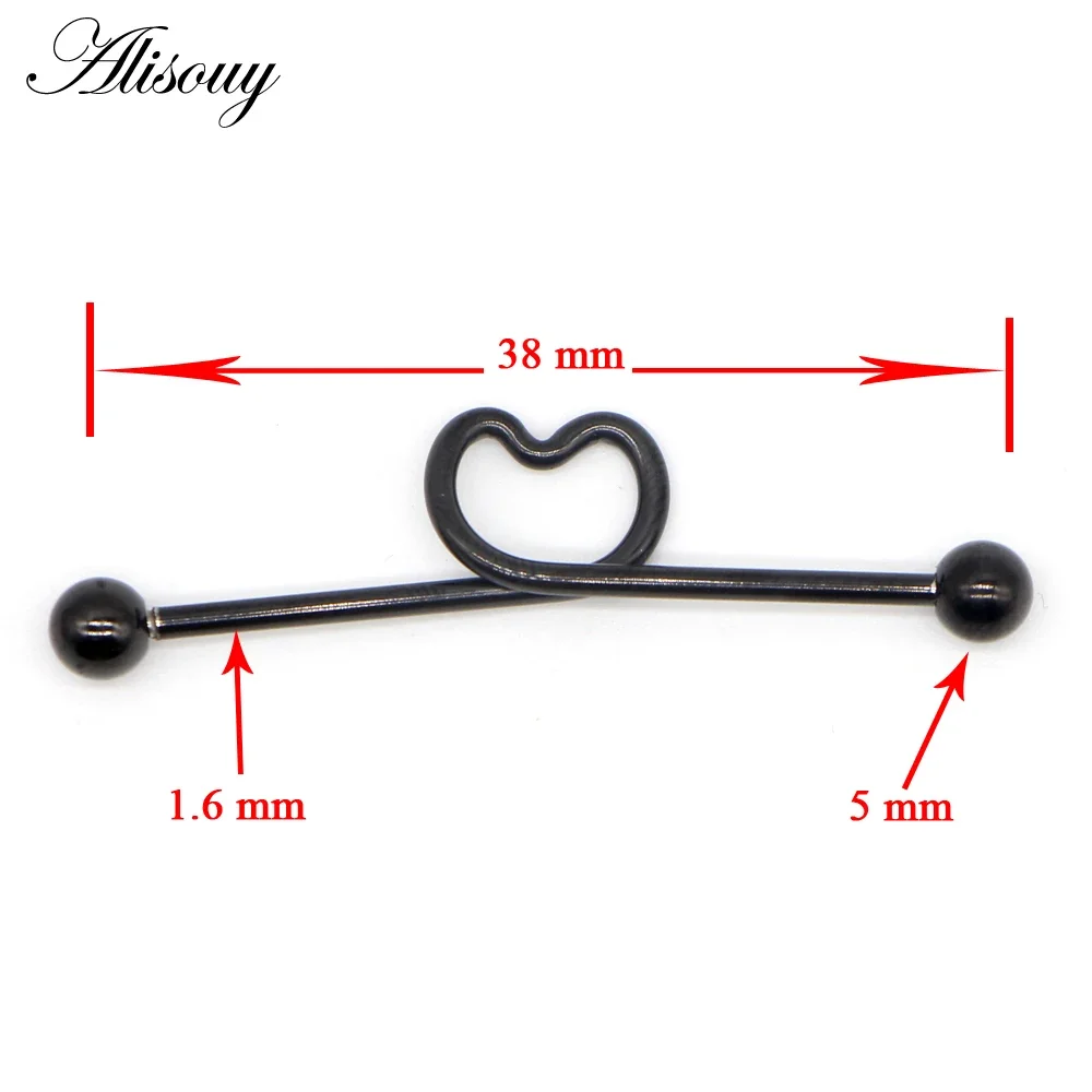 Alisouy 1 PCS Cute Screw Back Stainless Steel 38mm Plug Tunnel Jewelry Love Heart Cartilage Nail Body Piercing Jewelry 5 Color