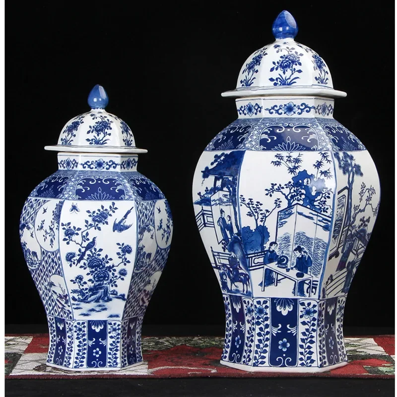 Chinese Style Flower Vase Blue and White Ceramic General\'s Jar Six Sided Pattern Tabletop Vase TV Cabinet Porcelain Ornaments