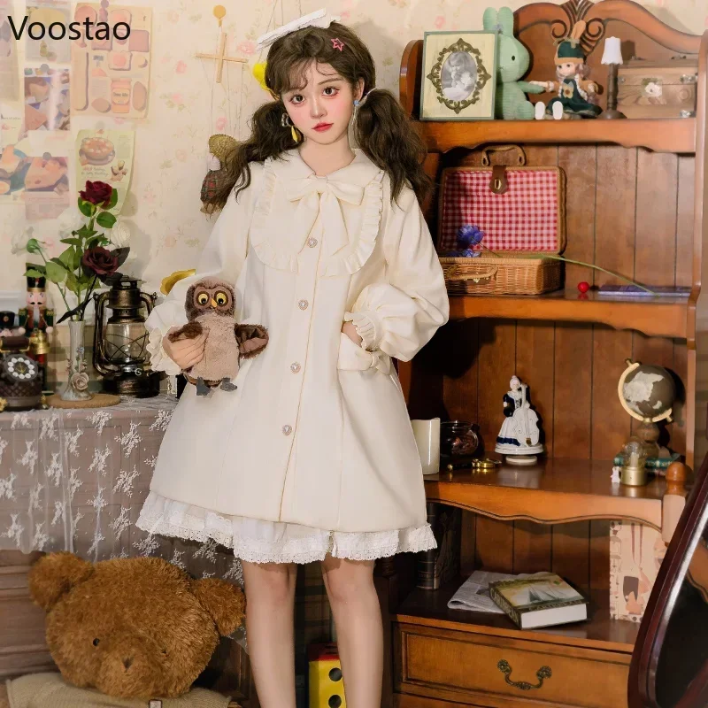 Autumn Japanese Sweet Lolita Style Woolen Coats Women Kawaii Bow Ruffles A-Line Loose Jackets Girly Harajuku Trend Outerwear