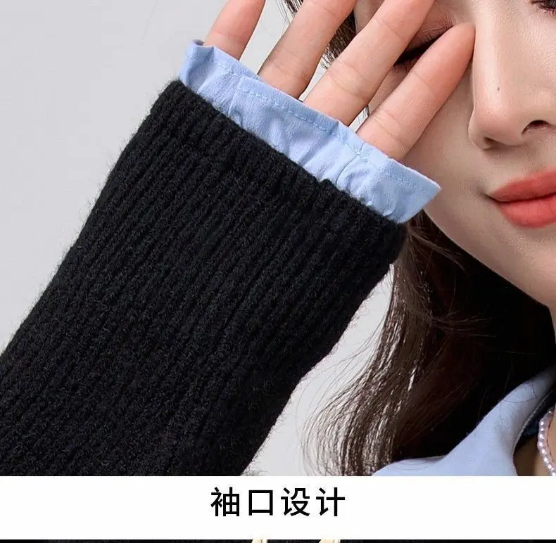 Spring and Autumn Polo Collar Fake Two Piece Knitted Sweater Women\'s Loose Embroidered Short Cardigan Sweater Coat New Sweaters