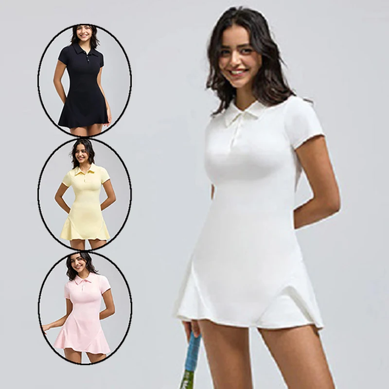 2025 Summer New Women's Retro Collar Polo Dress Sports Style Slim Tennis Golf Dresses Short Sleeved Ruffle Skirts with Short