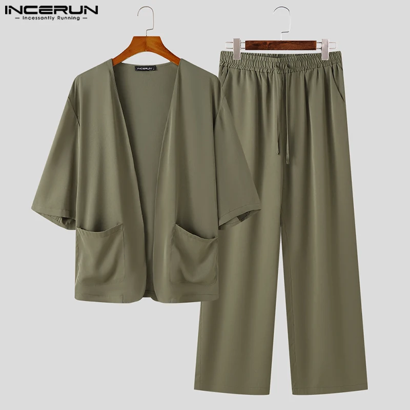 INCERUN 2024 Korean Style Fashion Sets New Men Solid Collarless Short Sleeved Suits Pants Casual Streetwear Two-piece Sets S-5XL