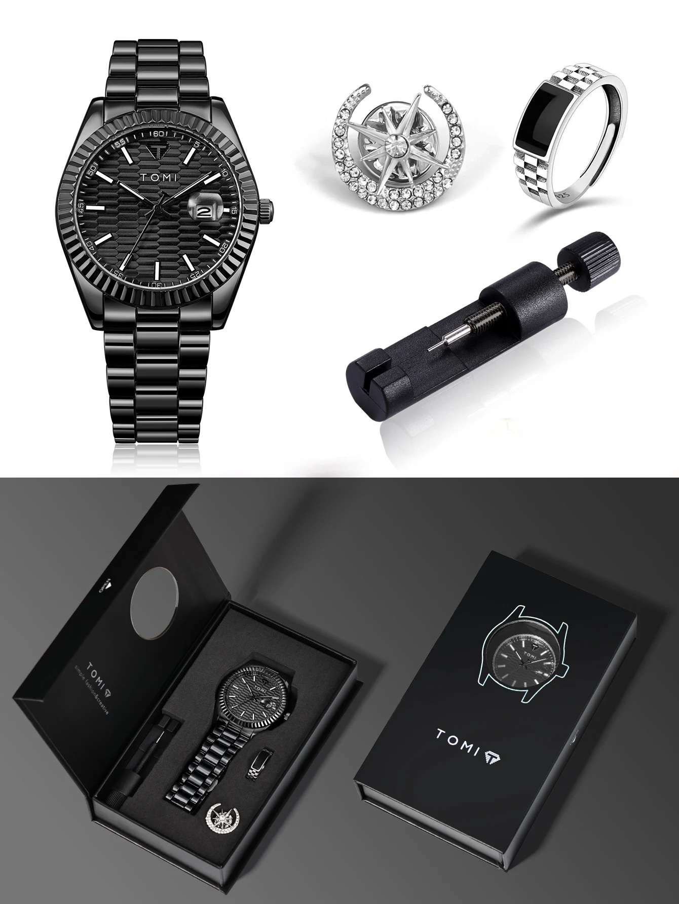 TOMI Neue Herrenuhr Brosche Ring Geschenkbox Set Luxus Business Edelstahlarmband Herren Kalender Casual Quarzuhr Reloj – Detail 1