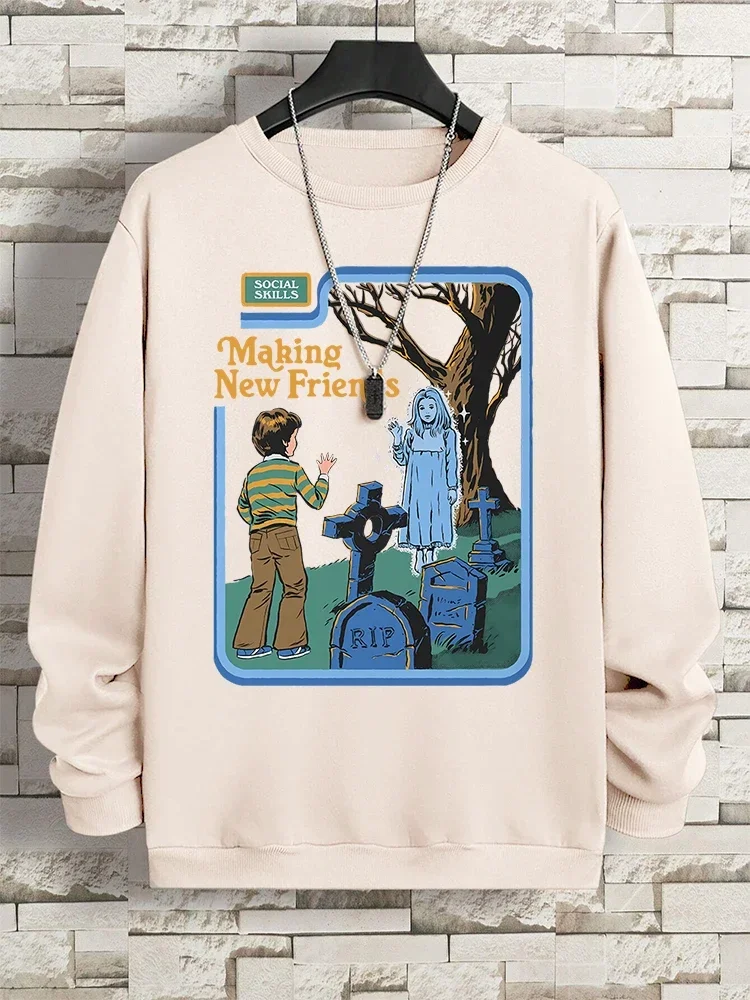 秋の新しい社会的スキル、新しい友達を作るプリントパーカー男性用カジュアルヒップホップスウェットシャツクルーネックプルオーバーハロウィンパーカー