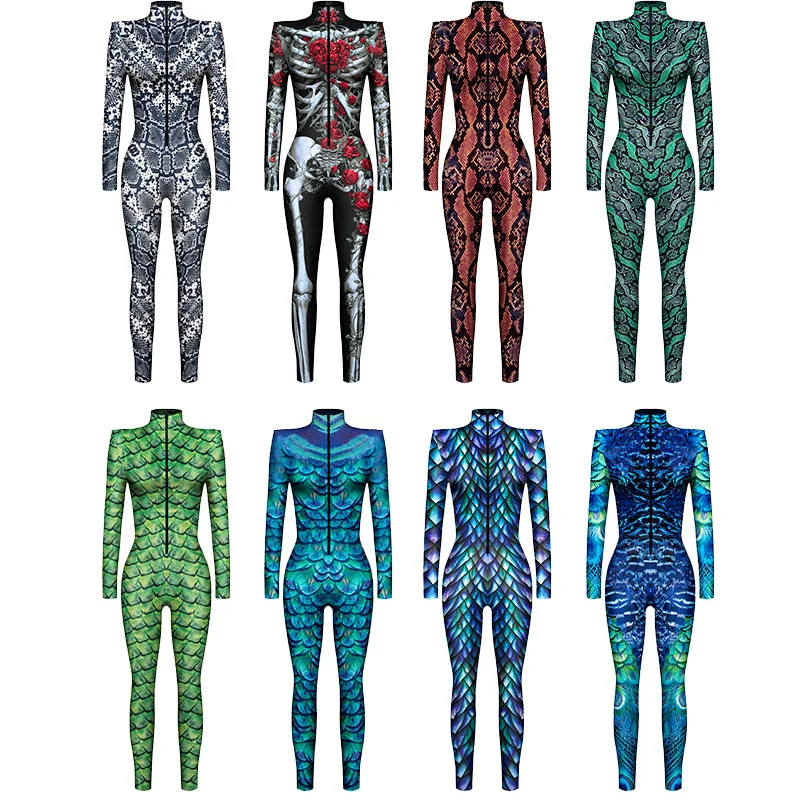 Ladies Snake Pattern Skeleton Rose Punk 3D Jumpsuit Catsuit Sexy Women Cosplay Costumes Zentai Female Halloween Party Bodysuit