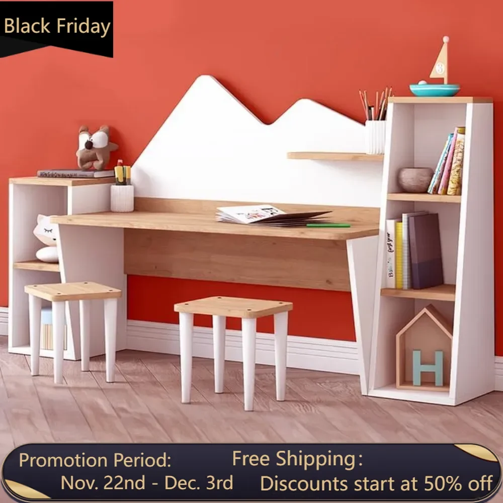 Kid's Study Desk with Bookshelf + 2 Stools for Ages 3-8, Wooden Children Activity Table with Hutch and Shelves, Kids Bedroom