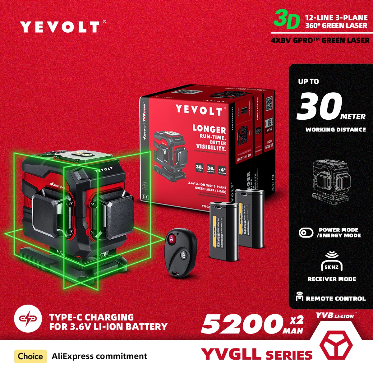 

Уровень лазерный YEVOLT YVGLL4XS12TPROP, зеленый, 3 уровня, 12 линий, самонивелирующийся, 360 в, 3,6 а/ч