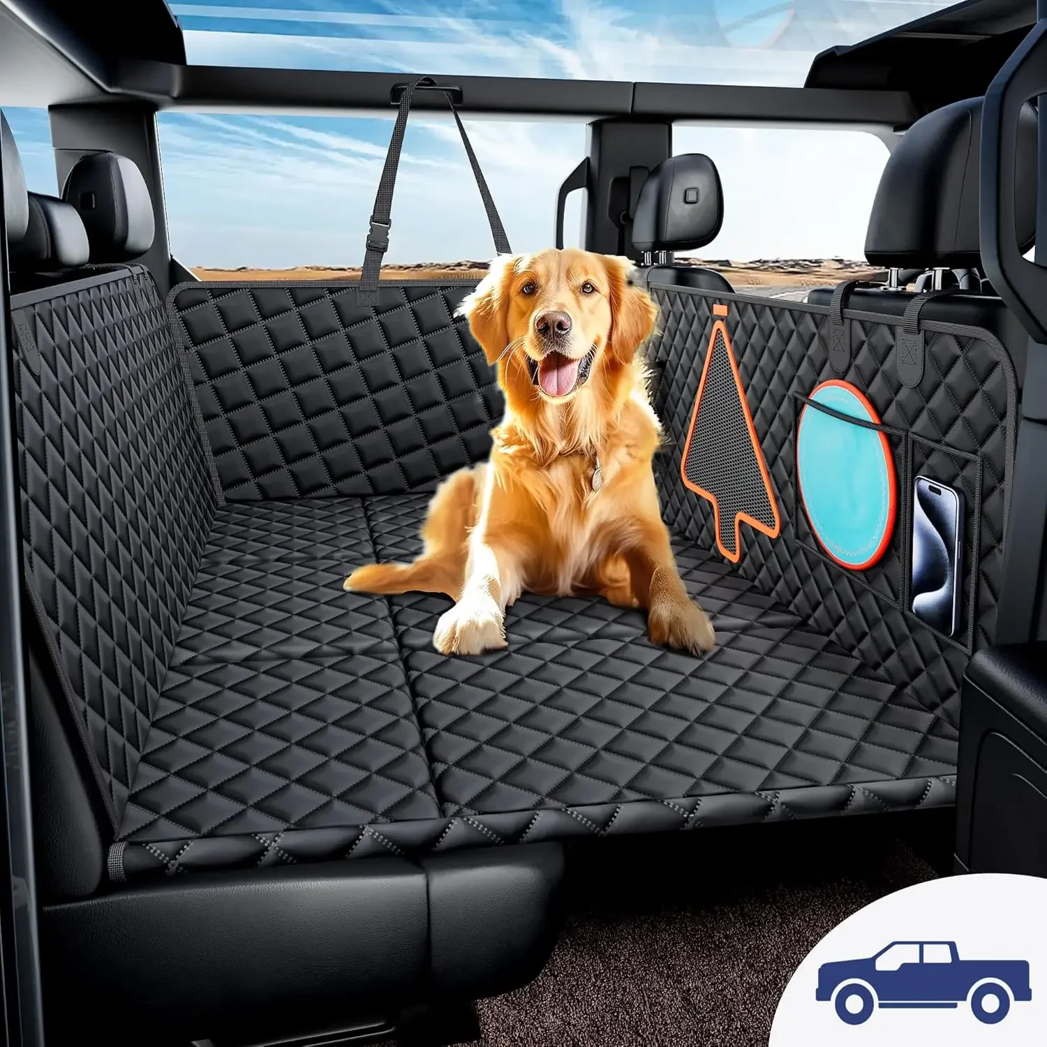 Dog Truck Back Seat Cover,Large Dogs Hammock for Trucks Extender with 6 Foldable Board, Car Backseat Pet Hard Bottom Bed Wat